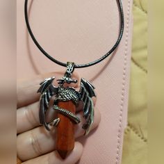 Healing Stone Quartz Rapped Around By Dragon And Black Chain...22 Inches Long For Both Men And Women Casual Red Metal Jewelry, Stone Pendant Necklace, Black Chain, Healing Stone, Stone Pendant, Quartz Stone, Healing Stones, Stone Pendants, Natural Stone