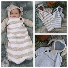 three pictures of baby's clothes, one is wearing a bear hat and the other has