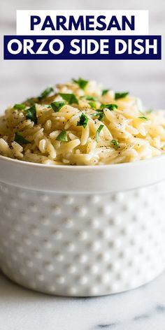 parmesan orzo side dish in a white bowl