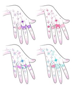 four hands with different designs on them and stars in the middle one is pink, blue, and purple