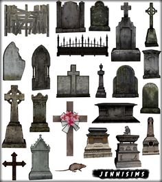 an assortment of tombstones and crosses with flowers in the middle, on a white background