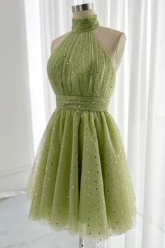 MissJophiel Halter High Neck Mini Prom Dress Prom Dress Halter, Halter Homecoming Dress, Mini Prom Dress, Sage Green Dress, Short Prom, Homecoming Dress