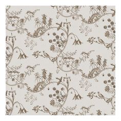 a white and brown wallpaper with trees, plants and animals on it's side