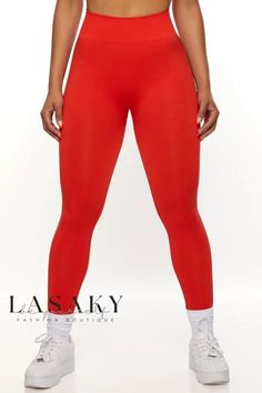 Lasaky - High-Quality Athletic Set: Womens Seamless Yoga Leggings with Butt Lift, Sports Bra, and Halter Top Orange Seamless Stretch Activewear, Red Seamless Activewear For Sport, Red Breathable Sporty Leggings, Sporty Red Breathable Leggings, Red Stretch Yoga Pants With Breathability, Red Seamless Activewear For Workout, High Stretch Breathable Red Leggings, Red Stretch Breathable Yoga Pants, Breathable Red Yoga Pants For Sports