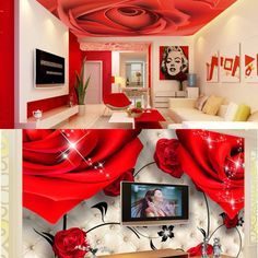 this is a living room with red roses on the ceiling and white furniture in the background