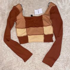 Super Cute Color Block New With Tags Summer Color Block Brown Tops, Summer Brown Color Block Tops, Spring Cream Patchwork Top, Trendy Beige Fitted Crop Top, Brown Long Sleeve Crop Top For Summer, Trendy Fitted Beige Crop Top, Fitted Beige Trendy Crop Top, Trendy Cream Fitted Crop Top, Trendy Fitted Cream Crop Top