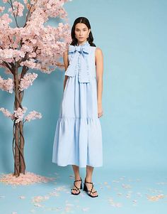 Sister Jane bow shirt midi dress in blue | ASOS Midi Length Dress With Bow For Garden Party, Midi Length Garden Party Dress With Bow, Spring Sleeveless Maxi Dress With Bow, Spring Midi Dress With Bow For Daywear, Spring Bow Midi Dress For Daywear, Sleeveless Maxi Dress With Bow For Spring, Summer Workwear Dress With Tie Neck, Summer Tie Neck Dress With Bow, Chic Midi Dress With Bow For Garden Party