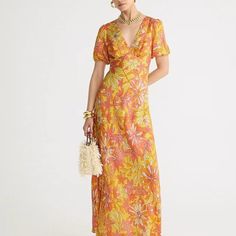 Collection Puff-Sleeve Cupro-Blend Maxi Dress In Sunset Floral New With Tags Yellow Puff Sleeve Dress For Summer, Yellow Puff Sleeve Dress For Spring, Vintage Yellow Puff Sleeve Dress, Yellow Puff Sleeve Vacation Dress, Yellow Puff Sleeve Dress For Vacation, Gold Slip Dress, Long Denim Dress, Cotton Voile Dress, Blue Linen Dress