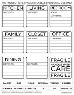 printable labels for the kitchen and living room, with instructions to help you know what they