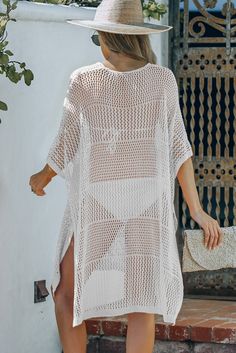 White Knitted Hollow-out Beach Cover Up with Slits White Knitted Cover-up For Vacation, White Knit Beachwear Cover-up, Open Knit Cover-up For Vacation Day Out, Vacation Open Knit Cover-up For Day Out, Knit Cover-up For Beach Day Out, Long Open Knit Cover-up For Beach Season, Knit Cover-up For Beach Season, Knit Cover-up For Beach Season Day Out, Knit Beach Season Cover-up For Day Out