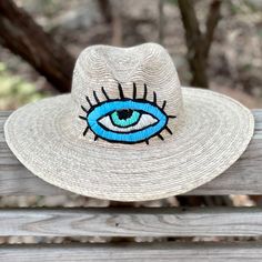 Eye Embroidered Hat - Bootsologie Embroidered Straw Hat, Fedora Hat Style, Negative Vibes, Mexican Hat, Boho Mode, Hat Fedora, Casual Beach Wear, Painted Hats, Boho Hat