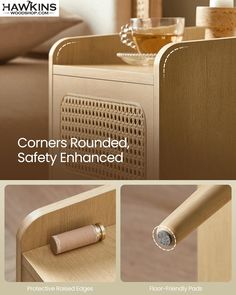 an image of a wooden table with corks on it and the words corners rounded safety enhanced