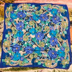 Measures about 30"x30" Silk by Worthington Large and colorful vintage blue paisley and rose print square silk scarf-- so pretty and versatile. The hem has come undone along one side but it's hard to notice Blue Vintage Silk Scarf For Spring, Vintage Blue Silk Scarf For Spring, Blue Vintage Silk Scarf, Vintage Blue Floral Print Scarves, Vintage Blue Silk Scarf, Large Square Scarf, Square Silk Scarf, Come Undone, Blue Paisley