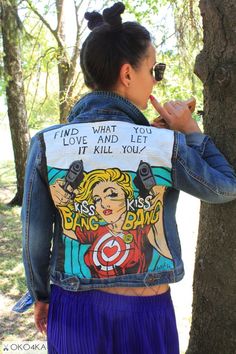 Hand painted - denim Jacket - jean Jacket - woman clothing - clothing -  unisex - wearable art - small size jacket - blue denim jacket Trendy Fitted Hand-painted Denim Jacket, Trendy Fitted Hand Painted Denim Jacket, Pop Art Clothes, Denim Jacket Painting, Painting Snake, Jacket Painting, Pop Art Clothing, Painted Clothing, Knit Swimwear