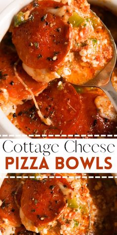 a white bowl filled with pizza bowls and topped with cheese, tomato sauce and meatballs