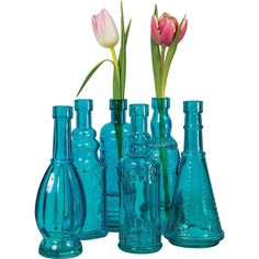 there are many vases with flowers in them