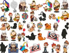 many different cartoon characters are grouped together