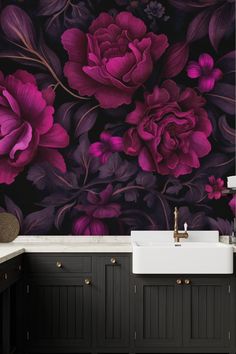 Image of a fuchsia pink wallpaper with a velveteen dark moody flowers pattern from HappyWall. Plum And Black Wallpaper, Black And Pink Wallpaper For Bedroom, Dark Blue And Pink Wall Paper, Wallpaper In Makeup Room, Moody Wallpaper For Walls, Large Floweral Wallpaper In Mansion, Purple Interior Wallpaper, Pink Wallpaper In Closet, Bold Wallpaper 1/2 Bathroom