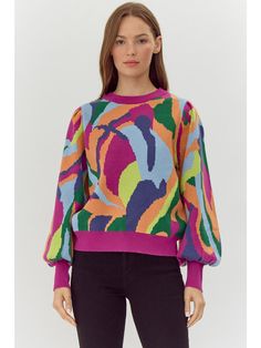 Make a statement with our Gracie abstract print knit pullover top that features a U-neck, long bishop sleeves, and ribbing at the sleeve ends and hemline. These beautiful colors make up the perfect transition piece for your fall wardrobe! Fabric: 50% Viscose, 30% Polyester, 20% Nylon Care: Hand wash cold, line dry. Fit: True to size Model is 5'10'' and is wearing a Small. Small Size (2-4)Medium Size (6-8)Large Size (10-12)XLarge Size (14-16 Knit Tops With Balloon Sleeves For Fall, Fall Knit Tops With Balloon Sleeves, Fall Balloon Sleeve Knit Tops, Colorful Long Sleeve Tops For Fall, Colorful Pattern Long Sleeve Tops For Fall, Colorful Pattern Long Sleeve Fall Tops, Trendy Fall Tops With Bishop Sleeves, Trendy Bishop Sleeve Tops For Fall, Trendy Jacquard Knit Tops For Fall