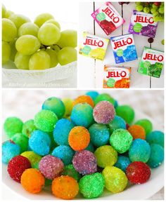 colorful candies, grapes and jello are on display in this collage with the word jello