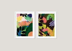 two framed art pieces with colorful flowers on them