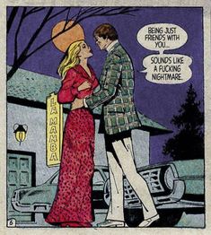 an old comic strip with a man and woman talking to each other