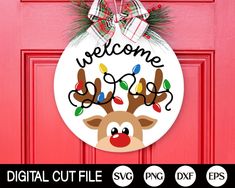 a christmas door hanger that says welcome to the holiday season with reindeer head and lights