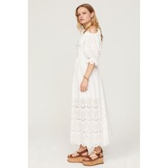 White cotton (100% Cotton). Shift. 3/4 Sleeves. V-neck. Pull on. 53" from shoulder to hemline. Imported. Chic Cotton Midi Dress With 3/4 Sleeves, Spring Cotton Midi Dress With 3/4 Sleeves, Ulla Johnson Dress, White Off Shoulder, Cotton Maxi, Eyelet Dress, Eyelet Lace, Size 8 Dress, Ulla Johnson