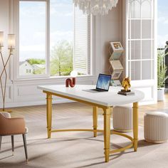 a laptop computer sitting on top of a white table in a living room next to a window