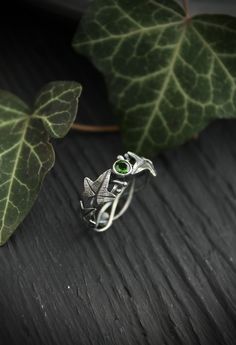 ITEM DESCRIPTION: The size of ring 7 (US and Canada) O (UK and AU) I can make it any size you want - just mark your size in the order Weight - 2 g. This botanical ring with ivy leaves looks so delicate and dainty. I made it of sterling silver and dark green chrome diopside. This Elven ring will be a great addition to your jewelry collection or a special piece for Engagement. This handmade ring will come to you in a gift box - ready for gifting. The parcel will be sent 1-2 days after payment. Del Unique Green Stackable Promise Rings, Unique Green Promise Ring, Silver Rings With May Birthstone For Proposal, Silver Proposal Ring With May Birthstone, Ursula Jewelry, Elven Ring, Moon Phase Jewelry, Botanical Ring, Sister Rings