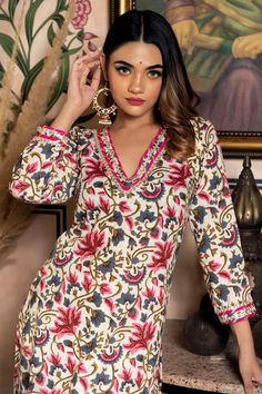 Garden Rose Cotton Suit Set online in USA | Free Shipping , Easy Returns - Fledgling Wings Readymade Salwar Kameez, Printed Suit, Cotton Anarkali, Cotton Salwar Kameez, Floral Print Pants, Kurtis With Pants, Garden Rose, Cotton Kurta, Readymade Blouse