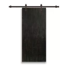 a black curtain hanging on the side of a white wall with two metal bars attached to it