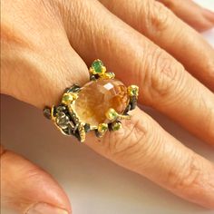 Main Stone: Citrine; Small Stones: Emeralds; 925 Sterling Silver; Black Radium Plated; Parts: Yellow Gold Plated; “Fly” Design. Size: 6 Unique Citrine Rings With Gemstone Accents, Handmade Yellow Citrine Rings, Unique Yellow Citrine Jewelry, Luxury Handmade Yellow Rings, 925 Silver Ring, Lemon Quartz, 925 Silver Rings, Womens Jewelry Rings, Citrine