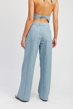 Part of our striped denim set. Denim mid rise wide leg pants. Wear with our matching Denim Top Recommended sizing 2-4 S, 6 M, 8-10 L MODEL WEARS SIZE SMALLMODEL'S HEIGHT 5'9 Fabric Contents: 100% COTTON Sweater Collection, Vegan Fashion, Denim Accessories, Friend Outfits, Leg Design, Wide Leg Denim, Denim Pant, Denim Top, Wide Leg Jeans