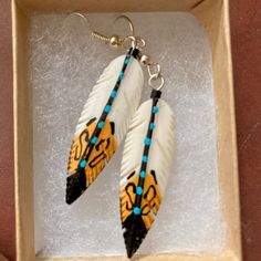 Feather Earrings Hand Carved & Painted Bone Sterling Silver Wires Gift for Her FREE SHIPPING - Etsy New Paltz Ny, New Paltz, Antler Necklace, Feather Earrings, Silver Wire, Bones, Hand Carved, Gift For Her, Dangle Drop Earrings