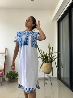 This beatiful Mexican huipil (Mexican kaftan, or tunic) is made by Oaxaca. The huipil is decorated by hand colorful embroidered designs and, 1.5 months of work, each piece is unique. This unique huipil dress gives you an espectacular boho style cool and light to wear. Color: white  organic  cotton with blue embroidered designs  Available in Small Medium Large  XL Other designs here ⬇️  https://www.etsy.com/mx/listing/1337514841/ https://www.etsy.com/mx/listing/1255203719/ https://www.etsy.com/mx/listing/1152461562/ ℹ️Garment care: ⭕️Hand wash with cold water - without vigorous shaking or scrubbing - and neutral soap (if the soap is liquid, it must first be diluted in water so as not to add it directly to the fiber). ❌Do not use spinning. ❌Do not use fabric softener or chlorine bleach. ⭕️Dr Bohemian Handloom Kaftan For Traditional Ceremonies, Handloom Bohemian Kaftan For Traditional Ceremonies, Spring Bohemian Kaftan For Traditional Ceremonies, Huipil Dress, Mexican Huipil, Mexican Boho, Embroidered Designs, Nov 2, 5 Months