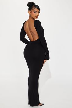 Available In Off White, Black, And Chocolate. Maxi Dress Long Sleeve Boat Neckline Backless Double Lined Stretch 95% Rayon 5% Spandex Imported | Cami Smooth Double Lined Maxi Dress in Black size Medium by Fashion Nova Backless Long Sleeve Dress, Backless Black Dress, Long Sleeve Backless Dress, Maxi Dress Long Sleeve, Black Backless Dress, Maxi Dress Long, Womens Cami, Boat Neckline, Dress Long Sleeve