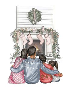 a family sitting in front of a fireplace with stockings on the mantel