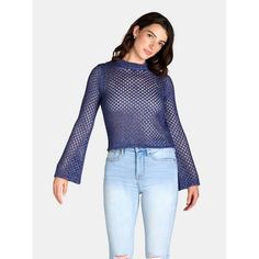 The layering possibilities are endless with Madden NYC's Open Stitch Metallic Sweater. Right on-trend, this sweater shimmers with metallic yarn accents and features a ready-to-layer open stitch design and cropped length. Slip it on over a cami with jeans for an incredible casual outfit or go for the wow and wear it over a bodycon dress. Either way you are sure to look spectacular. Size: M.  Color: Blue.  Gender: female.  Age Group: adult. Madden Nyc, Navy Outfit, Metallic Sweater, Crochet Tank Top, Metallic Yarn, Crochet Skirt, Knitted Pullover Sweaters, Blue Gender, Stitch Design