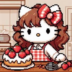 the hello kitty character is decorating a cake with strawberries and cream on it