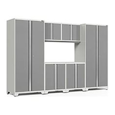 a gray storage cabinet with doors and shelves