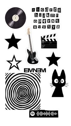 an assortment of black and white stickers on a white background with stars, circles, and a guitar