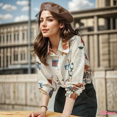 Qteee - Timeless Graphic Print Shirt with a Vintage Twist Collared Graphic Print Top For Fall, Retro White Blouse With Graphic Print, Spring Summer Autumn Winter, Graphic Print Shirt, Cotton Bedding Sets, Winter Color, Winter Colors, Cotton Bedding, Cat Print