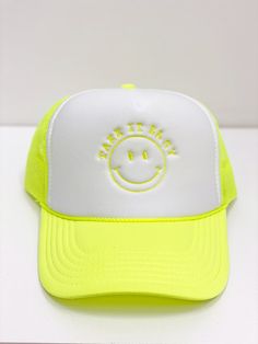 Neon Yellow/white foam trucker cap with embroidery. White Hip Hop Trucker Hat With Letter Print, White Embroidered Logo Trucker Hat For Summer, Summer White Trucker Hat With Embroidered Logo, White 5-panel Trucker Hat With Embroidered Logo, White Trucker Hat For Summer Streetwear, White Embroidered Trucker Hat For Summer, Yellow Letter Print Snapback Trucker Hat, Fun White Snapback Hat With Letter Print, Yellow Snapback Trucker Hat With Letter Print