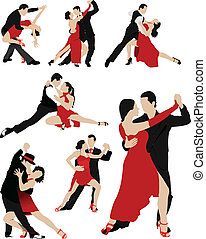 a couple dancing the salsa in different poses with their arms around each other and legs crossed