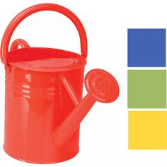 an orange watering can with a red handle next to a rainbow color swatel and the logo for microsoft