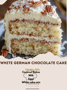 a piece of cake with white frosting and pecans on top is featured in this ad