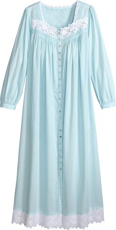 Slip into this breezy cotton lawn robe and the soft turquoise hue will relax you and have you dreaming of the beach. The long-sleeve robe, in soft cotton lawn, is the perfect weight to keep chills away. It's beautifully finished with pretty eyelet trim, pintucking, and real shell buttons. Beachy robe inspired by the colors of sea glassComfy long-sleevesPretty eyelet trim detailsApprox. 52" long100% cotton lawnMachine wash and dryPairs perfectly with the matching Eileen West Turquoise Sea Gl Light Blue Cotton Sleepwear, Light Blue Long Sleeve Cotton Sleepwear, Light Blue Cotton Sleepwear For Home, Blue Cotton Nightgown For Spring, Long Sleeve Blue Nightgown For Home, Light Blue Long Sleeve Nightgown For Spring, Light Blue Long Sleeve Nightgown, Spring Cotton Nightgown For Relaxation, Cotton Nightgown For Spring Relaxation