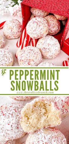 peppermint snowballs with candy canes on top and in the background text overlay says peppermint snowballs