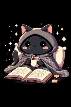 a black cat sitting on top of an open book